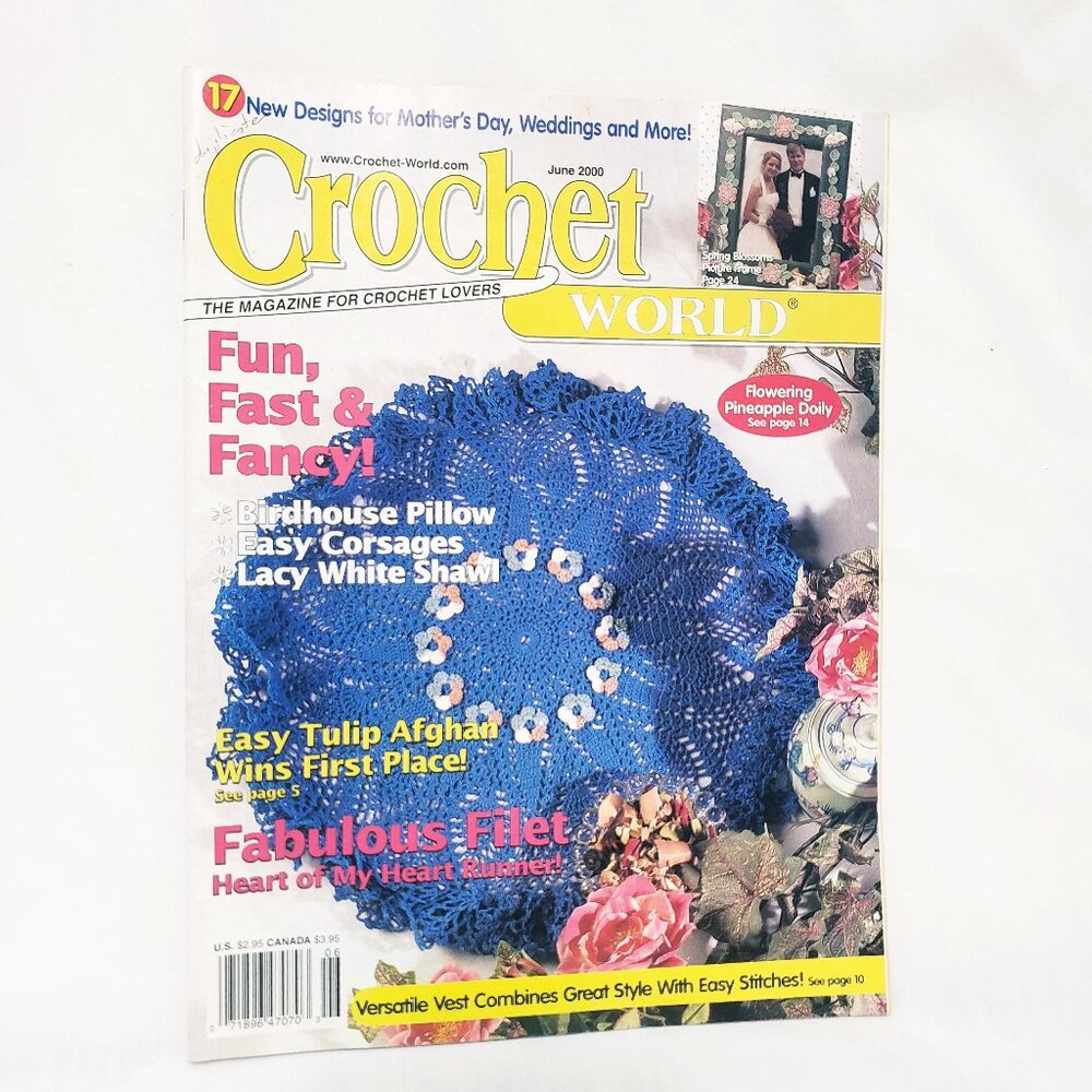 Crochet World Magazine June 2000 Birdhouse Pillow Corsages Shawl Tulip Afghan